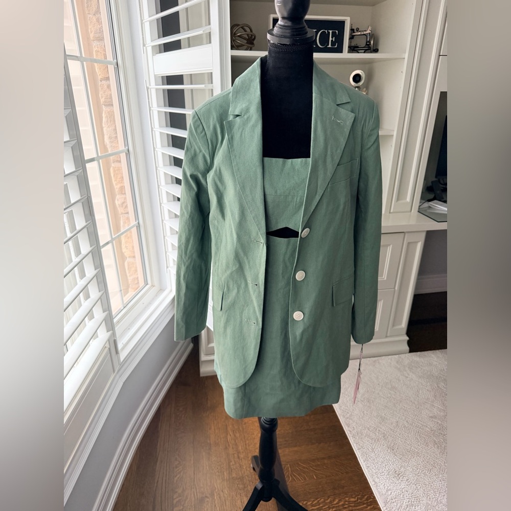 AVEC LES FILLES Sage Green Linen Matching Dress & Blazer Set 2 Pieces SZ XS NEW - Picture 9 of 15